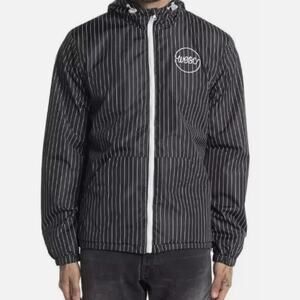 WeSC Windbreaker Rain Jacket Raincoat Pinstripe Hooded Black White Mens L or XXL